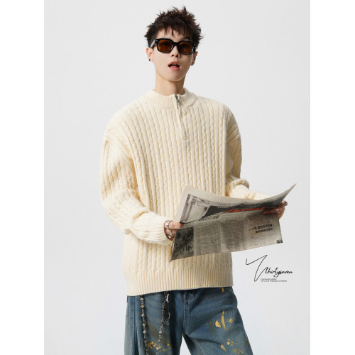 V37重磅肌理感半拉鍊麻花針織衫男冬季美式復古純色休閒套頭毛衣 V37重磅肌理感半拉鍊麻花針織衫男冬季美式復古純色休閒套頭毛衣