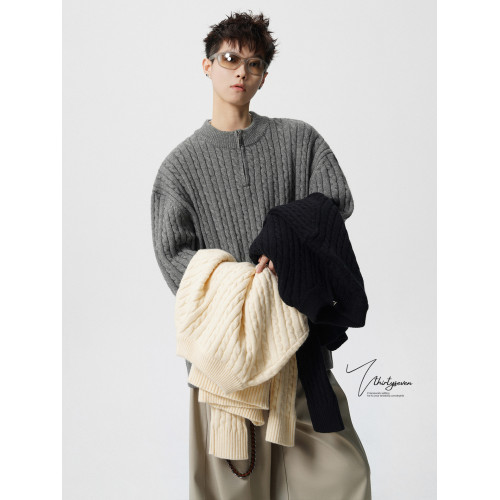 V37重磅肌理感半拉鍊麻花針織衫男冬季美式復古純色休閒套頭毛衣 V37重磅肌理感半拉鍊麻花針織衫男冬季美式復古純色休閒套頭毛衣