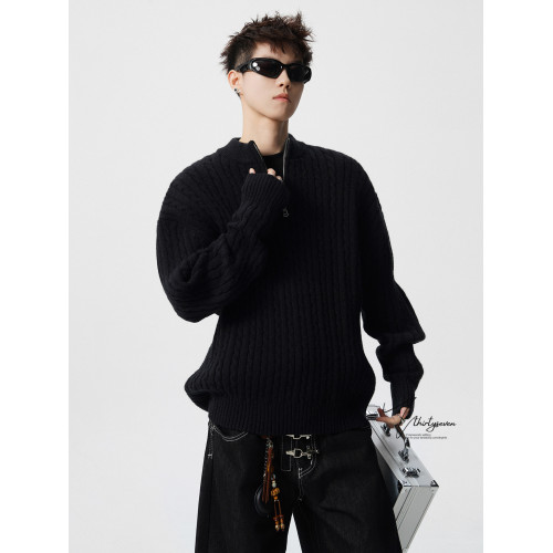 V37重磅肌理感半拉鍊麻花針織衫男冬季美式復古純色休閒套頭毛衣 V37重磅肌理感半拉鍊麻花針織衫男冬季美式復古純色休閒套頭毛衣