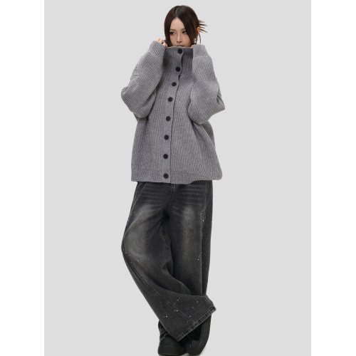 INSstudios 國潮情侶美式「粗棒針織高領毛衣」寬松開衫上衣外套 INSstudios 國潮情侶美式「粗棒針織高領毛衣」寬松開衫上衣外套