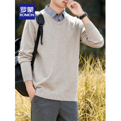 羅矇假兩件針織衫男秋冬長袖休閒襯衫領毛衣2025輕商務百搭上衣男