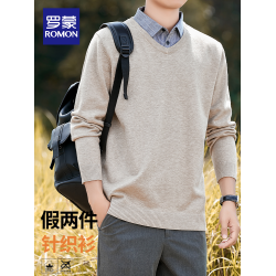 羅矇假兩件針織衫男春季長袖休閒襯衫領毛衣2026輕商務百搭上衣男
