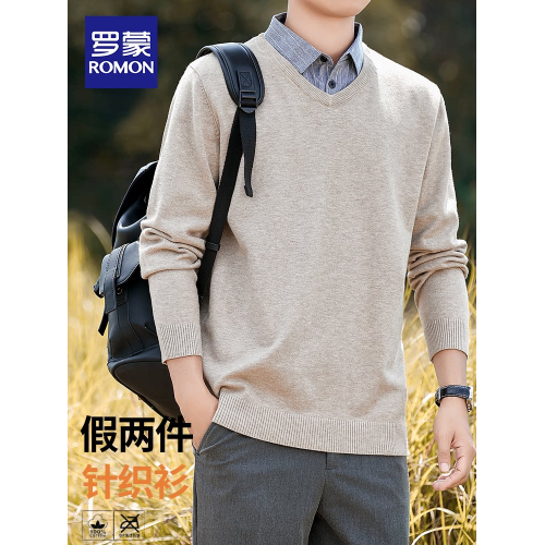 羅矇假兩件針織衫男春季長袖休閒襯衫領毛衣2026輕商務百搭上衣男