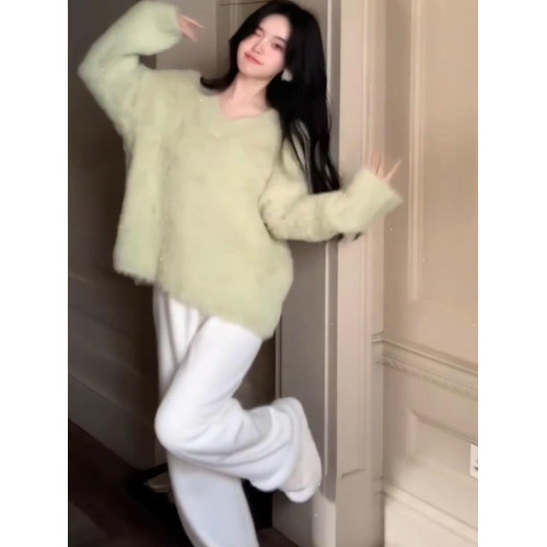 秋冬新款白色長毛仿貂毛毛衣中長款套頭V領針織衫慵懶寬鬆上衣女
