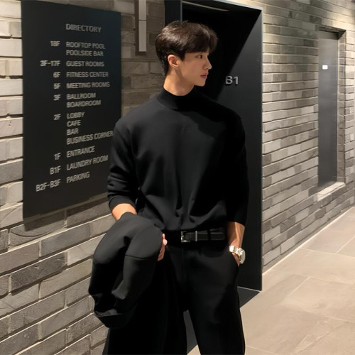 韓國高級感半高領針織打底衫男修身潮流百搭秋冬保暖黑色內搭毛衣 韓國高級感半高領針織打底衫男修身潮流百搭秋冬保暖黑色內搭毛衣