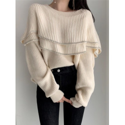 一字肩針織上衣女秋冬款chic雙層荷葉領亮絲包邊性感露肩寬鬆毛衣