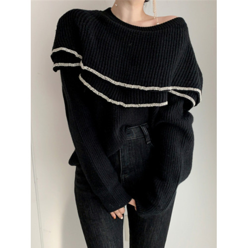 一字肩針織上衣女秋冬款chic雙層荷葉領亮絲包邊性感露肩寬鬆毛衣