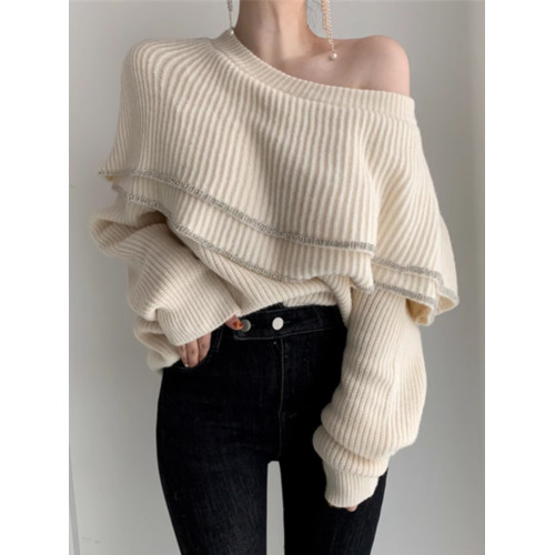 一字肩針織上衣女秋冬款chic雙層荷葉領亮絲包邊性感露肩寬鬆毛衣