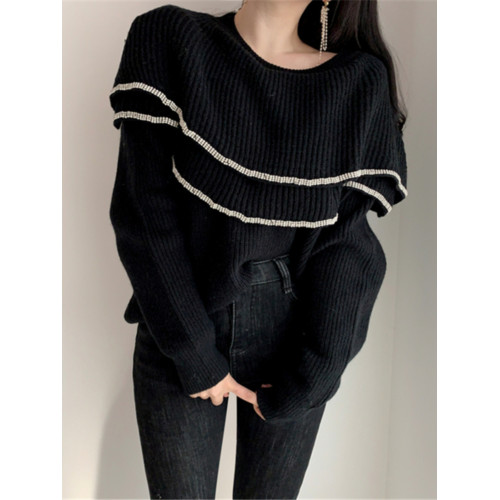 一字肩針織上衣女秋冬款chic雙層荷葉領亮絲包邊性感露肩寬鬆毛衣