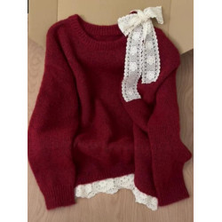 高級感蕾絲紅色露肩毛衣女秋冬新款設計感超好看的寬鬆慵嬾針織衫