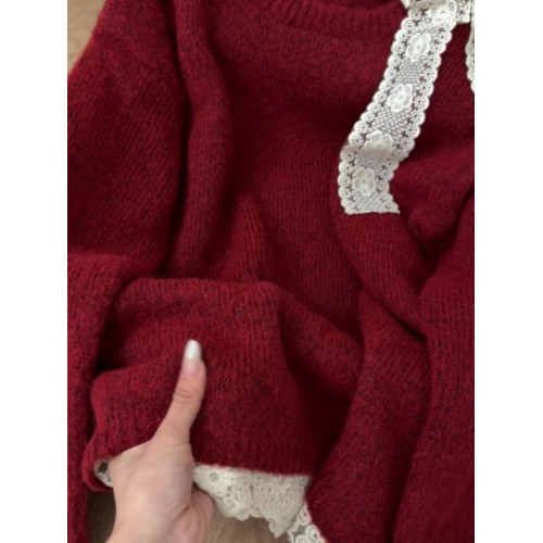 高級感蕾絲紅色露肩毛衣女秋冬新款設計感超好看的寬鬆慵嬾針織衫