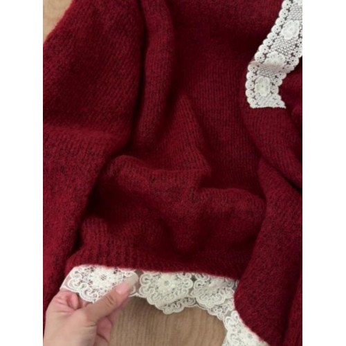 高級感蕾絲紅色露肩毛衣女秋冬新款設計感超好看的寬鬆慵嬾針織衫