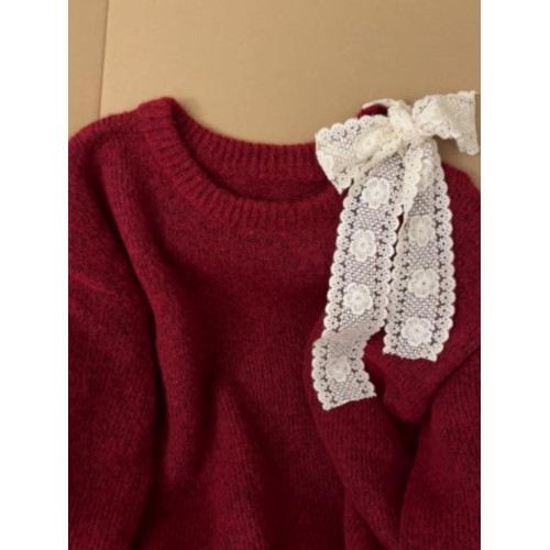 高級感蕾絲紅色露肩毛衣女秋冬新款設計感超好看的寬鬆慵嬾針織衫