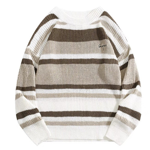 毛衣男士日系復古條紋撞色打底衫線衣秋冬加厚潮牌寬松針織衫外套