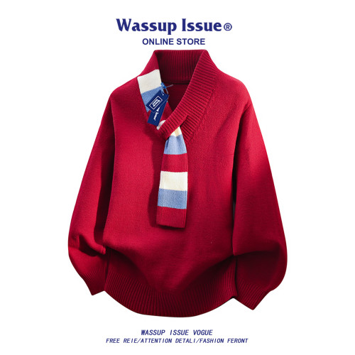 WASSUP ISSUE設計感紅色圍巾領毛衣男款秋冬季潮牌V領針織衫上衣 WASSUP ISSUE設計感紅色圍巾領毛衣男款秋冬季潮牌V領針織衫上衣