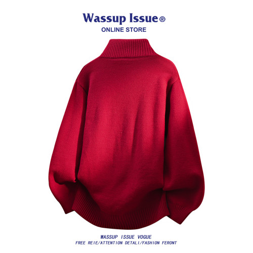 WASSUP ISSUE設計感紅色圍巾領毛衣男款秋冬季潮牌V領針織衫上衣 WASSUP ISSUE設計感紅色圍巾領毛衣男款秋冬季潮牌V領針織衫上衣