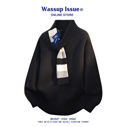 WASSUP ISSUE設計感紅色圍巾領毛衣男款秋冬季潮牌V領針織衫上衣 WASSUP ISSUE設計感紅色圍巾領毛衣男款秋冬季潮牌V領針織衫上衣