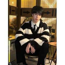 撞色條紋毛衣男冬季日系復古仿貂毛慵懶針織衫高級感軟糯開衫外套