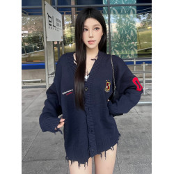 美式高街毛衣開衫女秋冬季徽章刺綉情侶V領慵懶風毛衣外套高級感