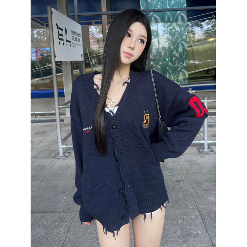 美式高街毛衣開衫女秋冬季徽章刺綉情侶V領慵懶風毛衣外套高級感