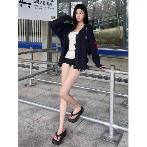 美式高街毛衣開衫女秋冬季徽章刺綉情侶V領慵懶風毛衣外套高級感