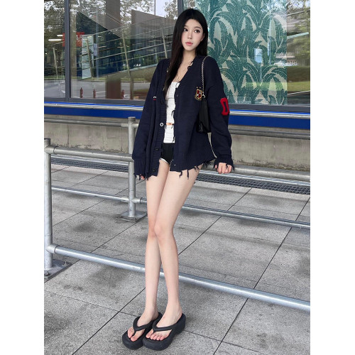 美式高街毛衣開衫女秋冬季徽章刺綉情侶V領慵懶風毛衣外套高級感