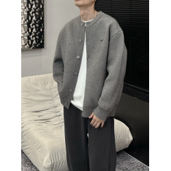 2025春秋新款棒球領粗針開衫純色寬松休閒慵懶感毛衣外套男女同款