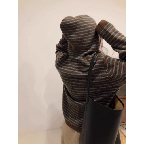 美拉藍慵懶連帽毛衣女秋冬季寬松咖色條紋針織衫衛衣軟糯外穿上衣