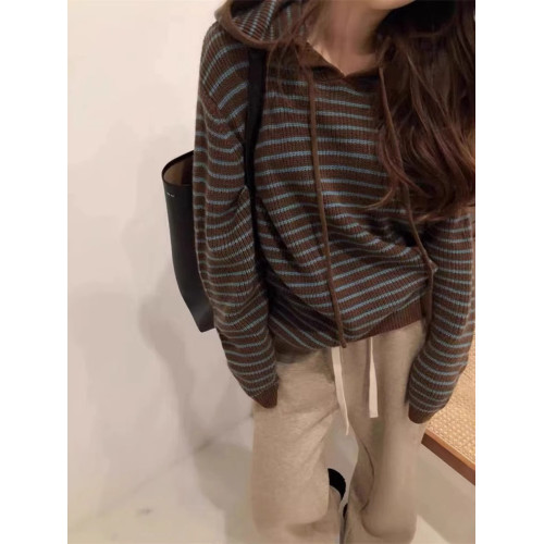 美拉藍慵懶連帽毛衣女秋冬季寬松咖色條紋針織衫衛衣軟糯外穿上衣