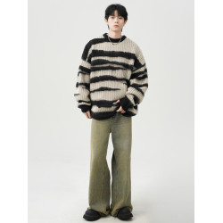 美式復古海馬毛條紋圓領毛衣男女冬季潮牌oversize慵懶休閒針織衫