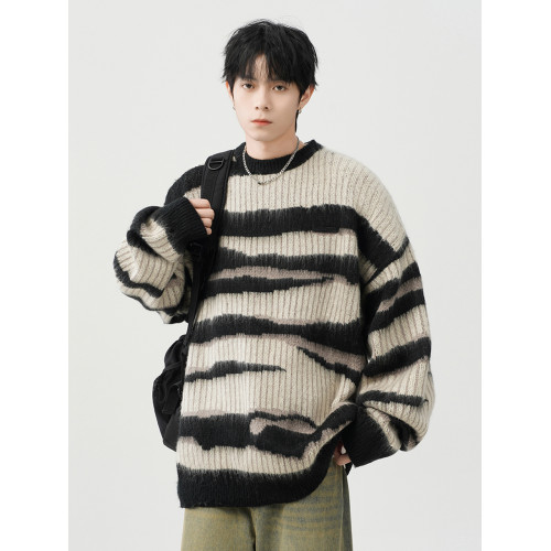 美式復古海馬毛條紋圓領毛衣男女冬季潮牌oversize慵懶休閒針織衫 美式復古海馬毛條紋圓領毛衣男女冬季潮牌oversize慵懶休閒針織衫