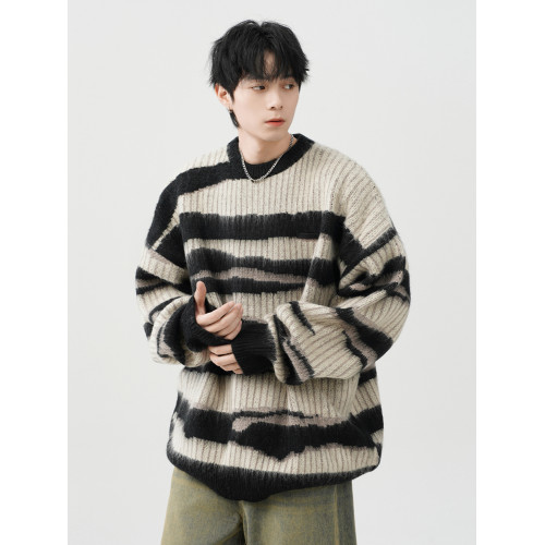 美式復古海馬毛條紋圓領毛衣男女冬季潮牌oversize慵懶休閒針織衫 美式復古海馬毛條紋圓領毛衣男女冬季潮牌oversize慵懶休閒針織衫