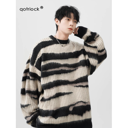 美式復古海馬毛條紋圓領毛衣男女冬季潮牌oversize慵懶休閒針織衫 美式復古海馬毛條紋圓領毛衣男女冬季潮牌oversize慵懶休閒針織衫