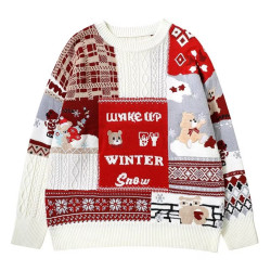 新年紅色小熊菱形格毛衣溫柔慵懶風ins情侶設計感百搭外穿針織衫