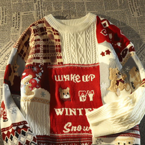 新年紅色小熊菱形格毛衣溫柔慵懶風ins情侶設計感百搭外穿針織衫 新年紅色小熊菱形格毛衣溫柔慵懶風ins情侶設計感百搭外穿針織衫