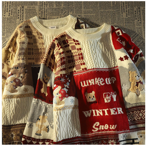 新年紅色小熊菱形格毛衣溫柔慵懶風ins情侶設計感百搭外穿針織衫 新年紅色小熊菱形格毛衣溫柔慵懶風ins情侶設計感百搭外穿針織衫