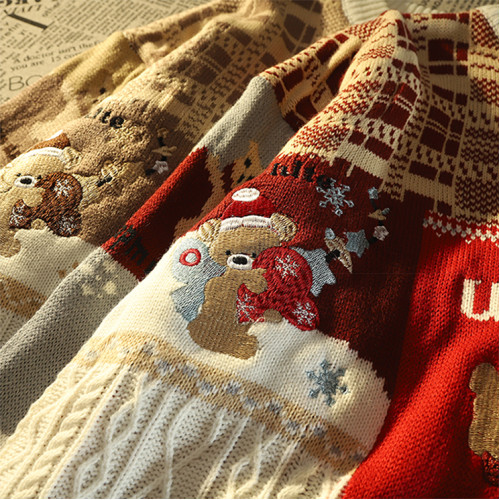 新年紅色小熊菱形格毛衣溫柔慵懶風ins情侶設計感百搭外穿針織衫 新年紅色小熊菱形格毛衣溫柔慵懶風ins情侶設計感百搭外穿針織衫