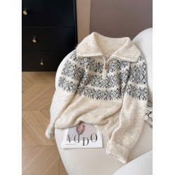 小C家 提花費爾島毛衣女款2025新款秋冬翻領羊毛奶呼呼軟糯針織衫