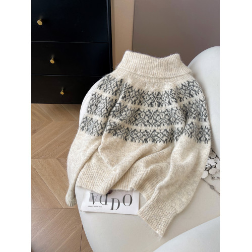 小C家 提花費爾島毛衣女款2025新款秋冬翻領羊毛奶呼呼軟糯針織衫