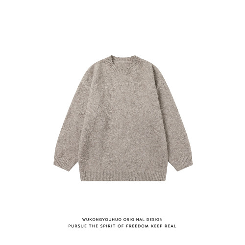 悟空有貨冬季復古簡約純色圓領毛衣男潮牌寬松情侶休閒針織打底衫 悟空有貨冬季復古簡約純色圓領毛衣男潮牌寬松情侶休閒針織打底衫