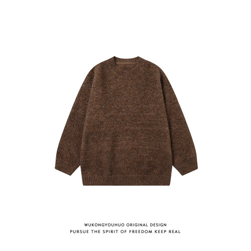 悟空有貨冬季復古簡約純色圓領毛衣男潮牌寬松情侶休閒針織打底衫 悟空有貨冬季復古簡約純色圓領毛衣男潮牌寬松情侶休閒針織打底衫