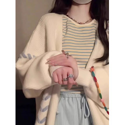 秋冬新款學院軟糯毛衣寬松慵懶風小衆蝴蝶愛心綁帶針織開衫外套女