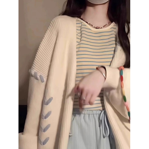 秋冬新款學院軟糯毛衣寬松慵懶風小衆蝴蝶愛心綁帶針織開衫外套女