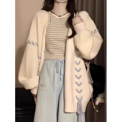 秋冬新款學院軟糯毛衣寬松慵懶風小衆蝴蝶愛心綁帶針織開衫外套女