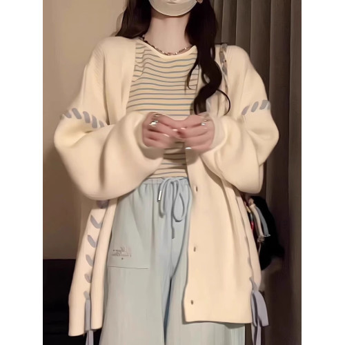 秋冬新款學院軟糯毛衣寬松慵懶風小衆蝴蝶愛心綁帶針織開衫外套女