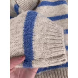 歐貨小衆藍色條紋polo翻領長袖軟糯針織衫毛衣女秋冬慵懶套頭上衣