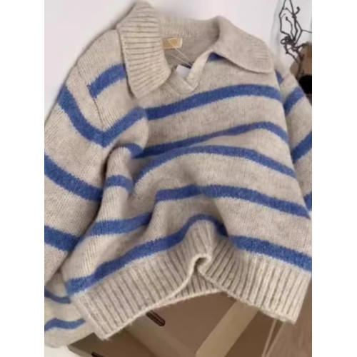 歐貨小衆藍色條紋polo翻領長袖軟糯針織衫毛衣女秋冬慵懶套頭上衣 歐貨小衆藍色條紋polo翻領長袖軟糯針織衫毛衣女秋冬慵懶套頭上衣