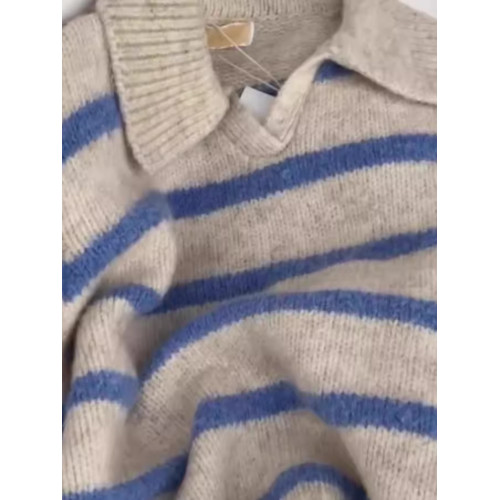 歐貨小衆藍色條紋polo翻領長袖軟糯針織衫毛衣女秋冬慵懶套頭上衣 歐貨小衆藍色條紋polo翻領長袖軟糯針織衫毛衣女秋冬慵懶套頭上衣