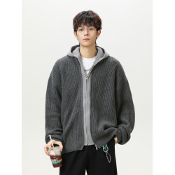 悟空有貨假兩件拼接開衫連帽針織衫外套男女秋季寬松情侶慵懶毛衣