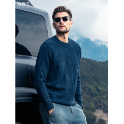 英爵倫軟糯厚實棋盤格毛衣男秋冬圓領套頭針織衫男士內搭打底上衣